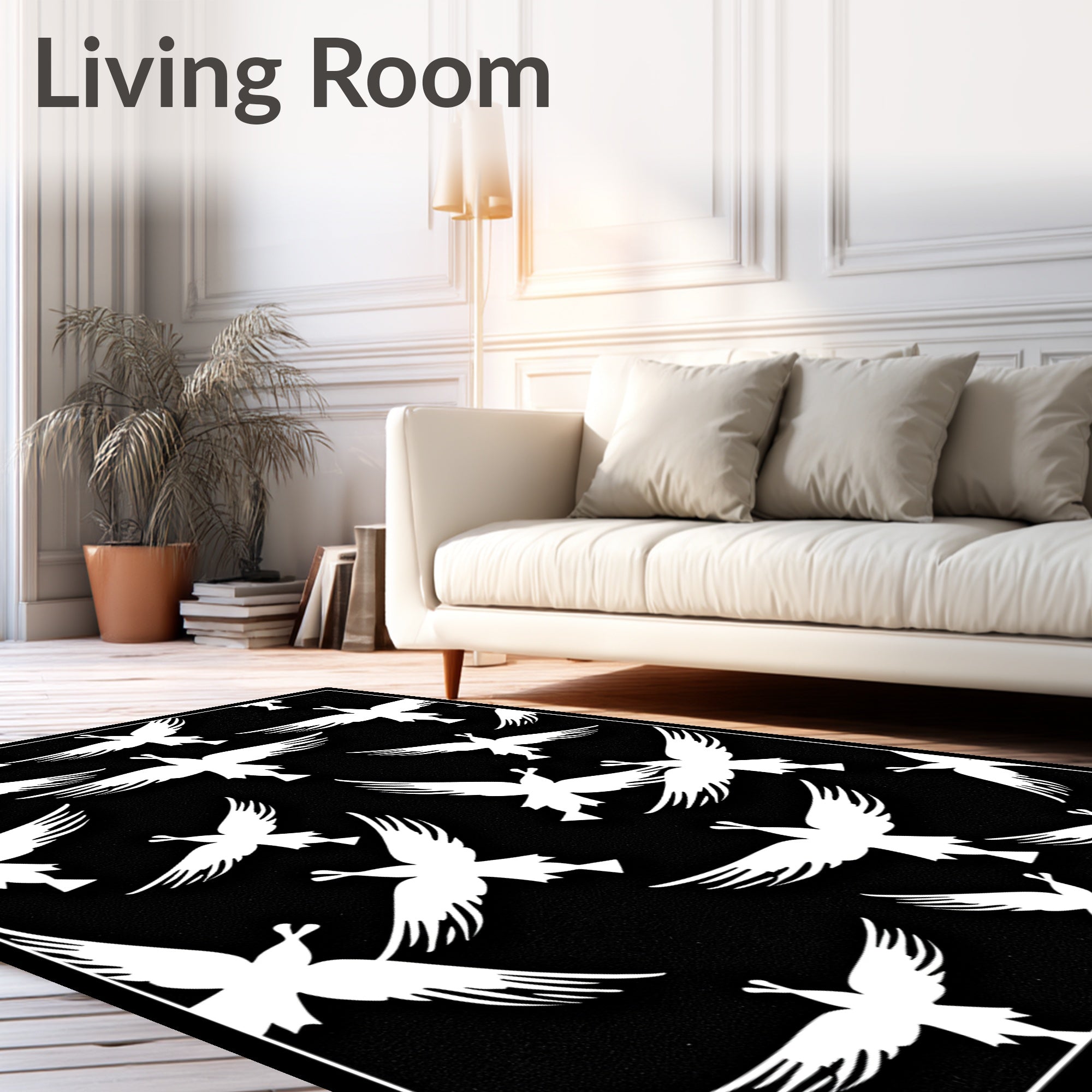 Black White Abstract Flying Birds Rug