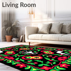 Black Festive Deer Floral Border Rug