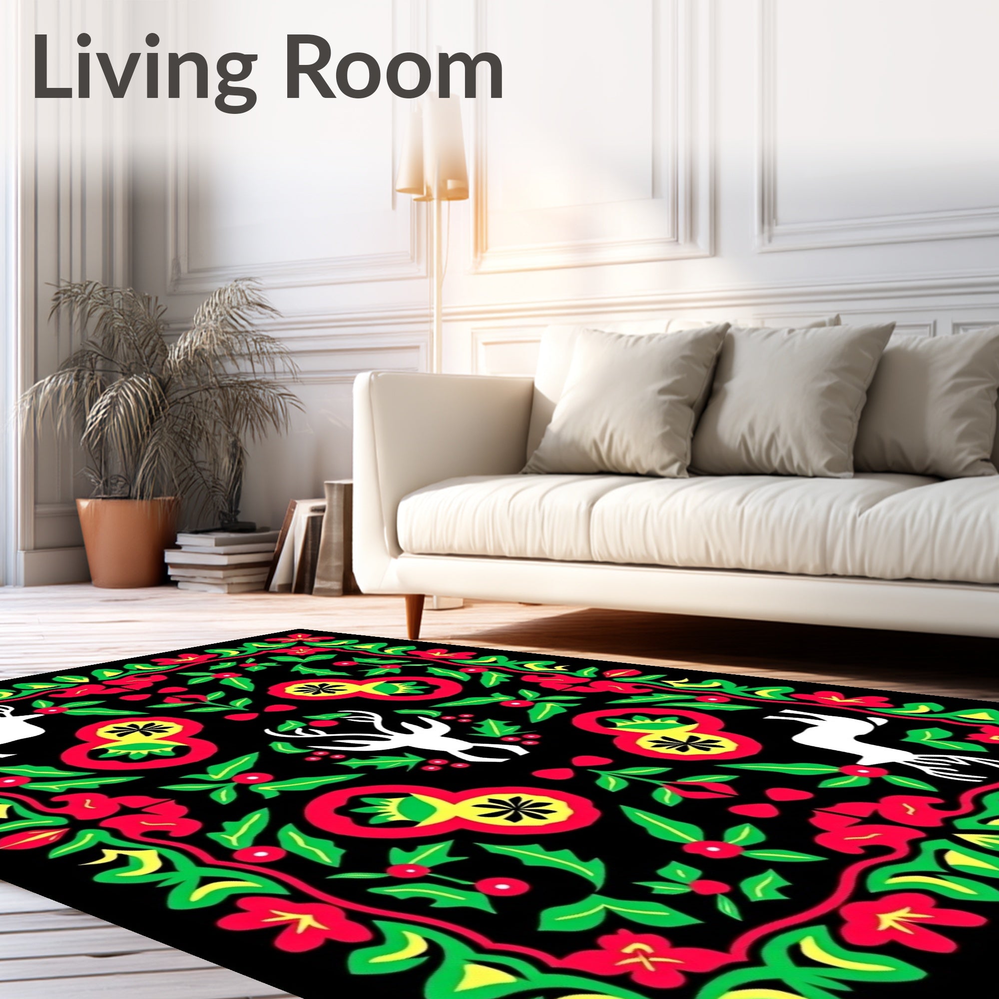 Black Festive Deer Floral Border Rug