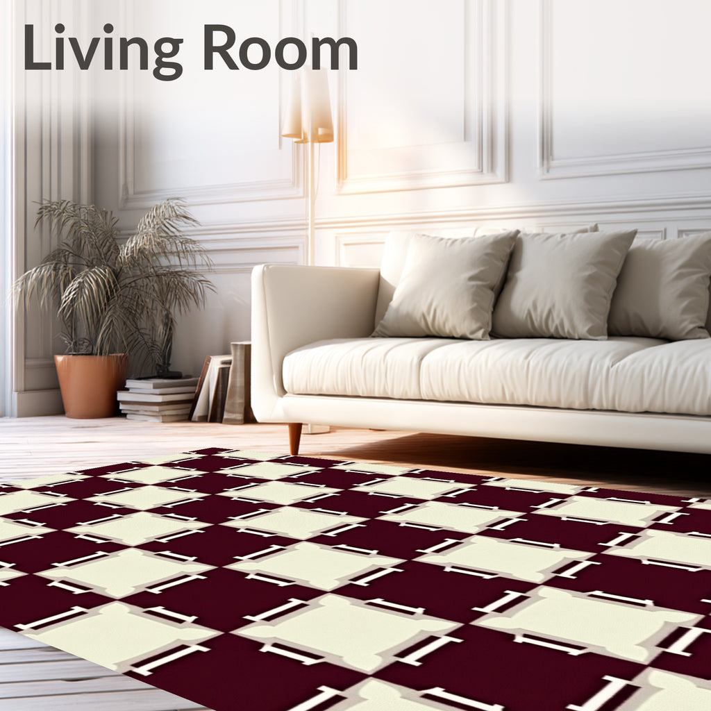 Crimson Cream Checkerboard Fretwork Rug