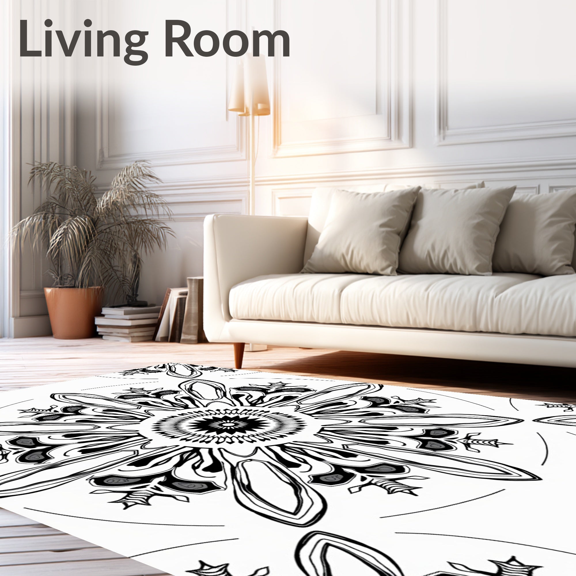 Black White Geometric Starburst Medallion Rug