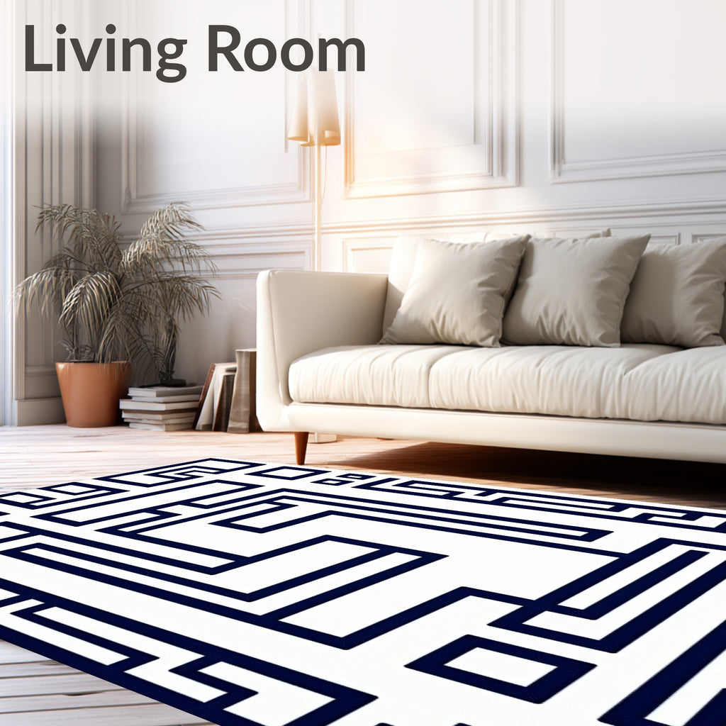Navy White Geometric Maze Weave Rug