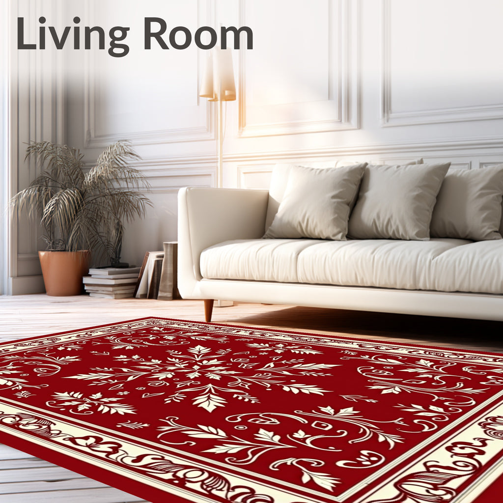 Crimson Ivory Floral Medallion Framed Rug