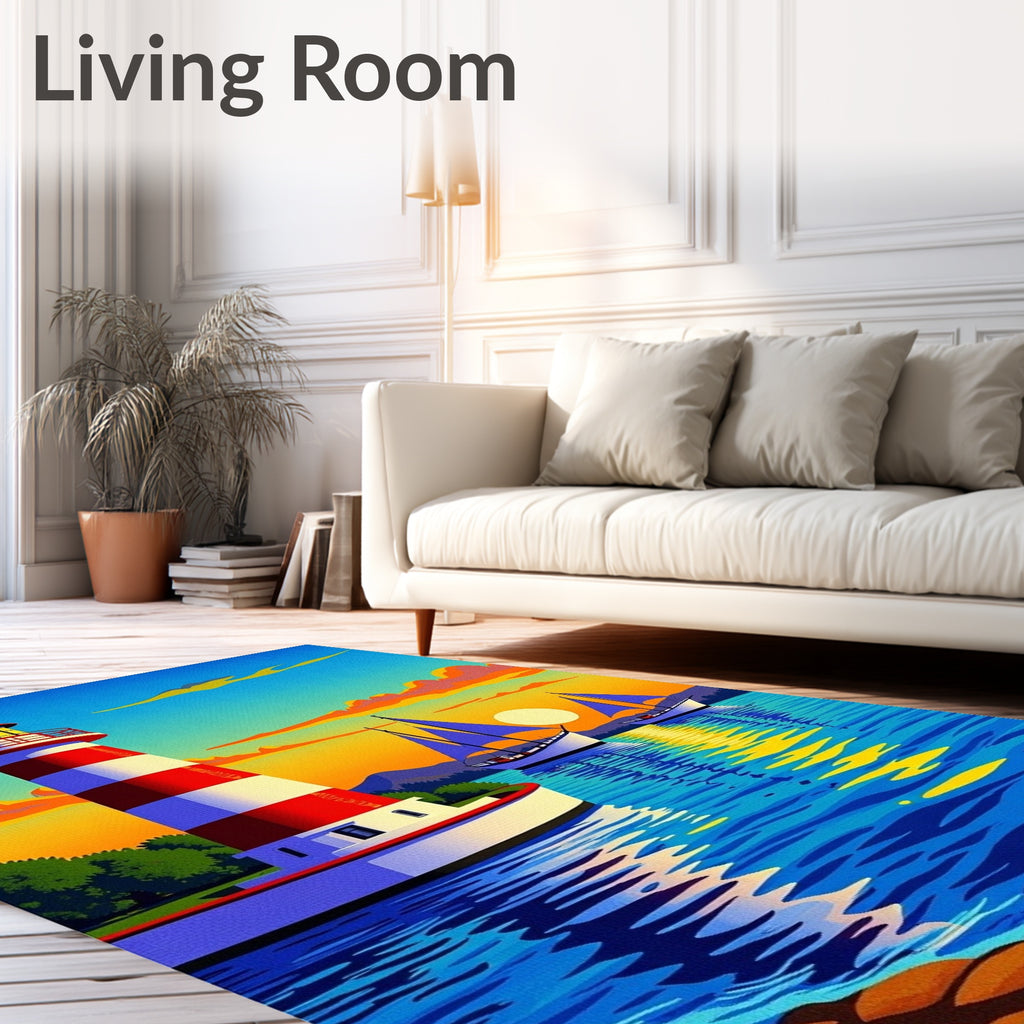 Striped Lighthouse Sailboats Sunset Scene Rug