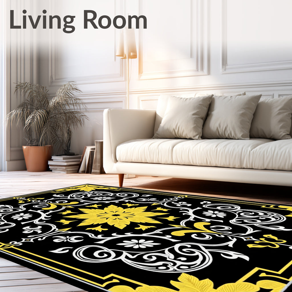 Black Yellow White Floral Medallion Scrollwork Rug