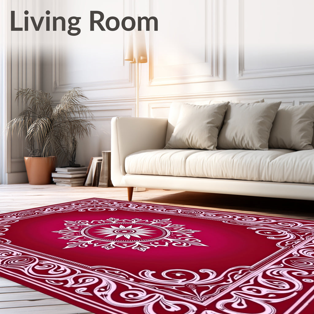 Crimson White Floral Mandala Border Rug