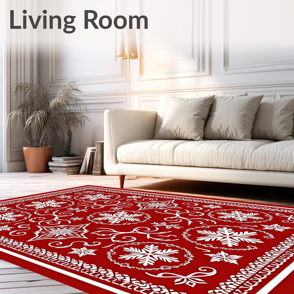 Crimson White Snowflake Lace Medallion Rug