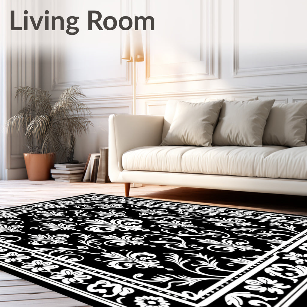 Black White Damask Fleur De Lis Frame Rug