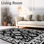 Black White Damask Fleur De Lis Frame Rug