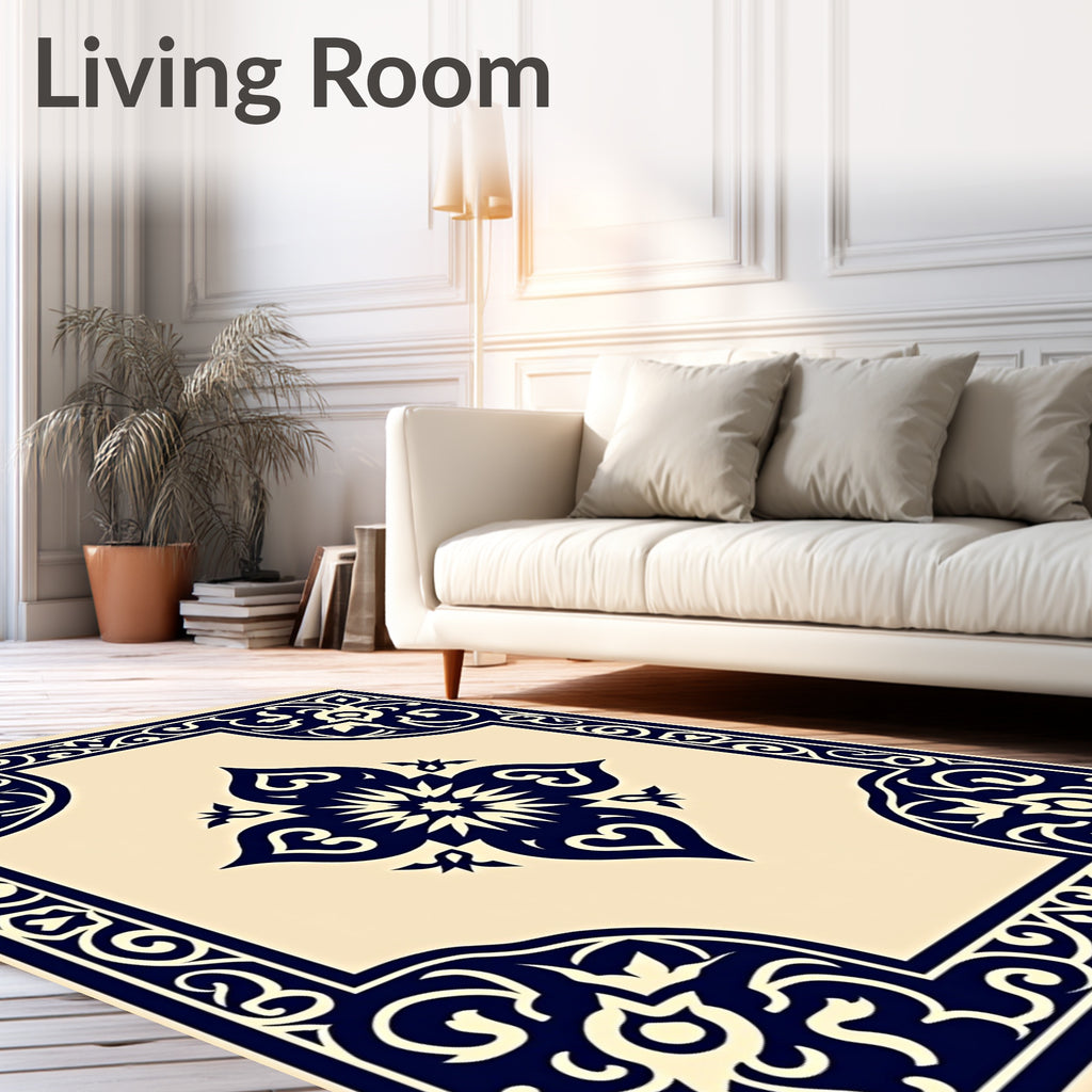 Deep Blue Floral Medallion Frame Rug