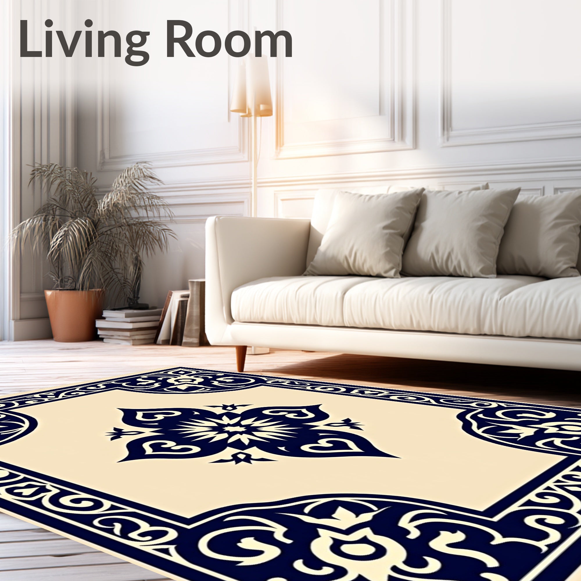 Deep Blue Floral Medallion Frame Rug