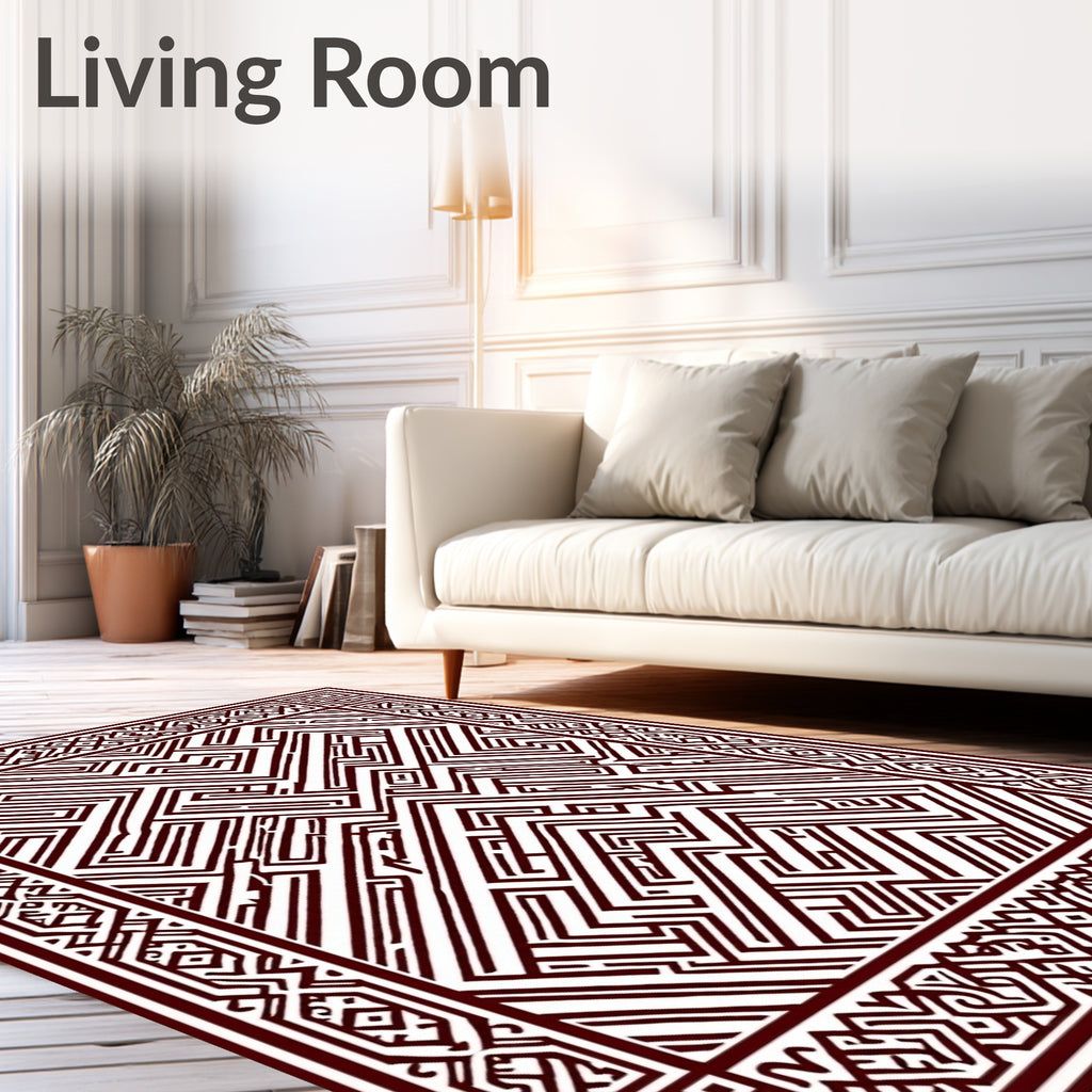 Maroon Labyrinth Geometric Border Rug
