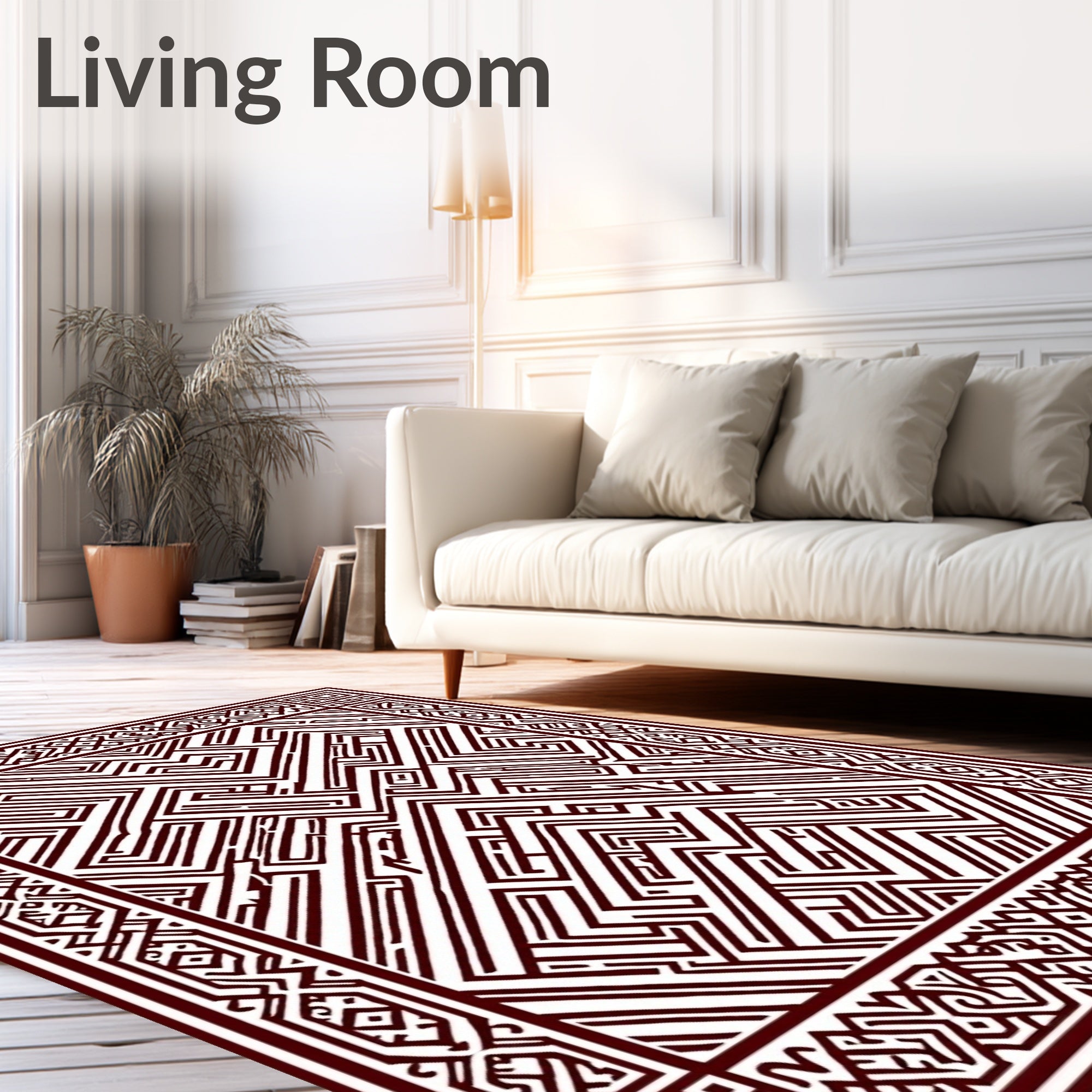 Maroon Labyrinth Geometric Border Rug