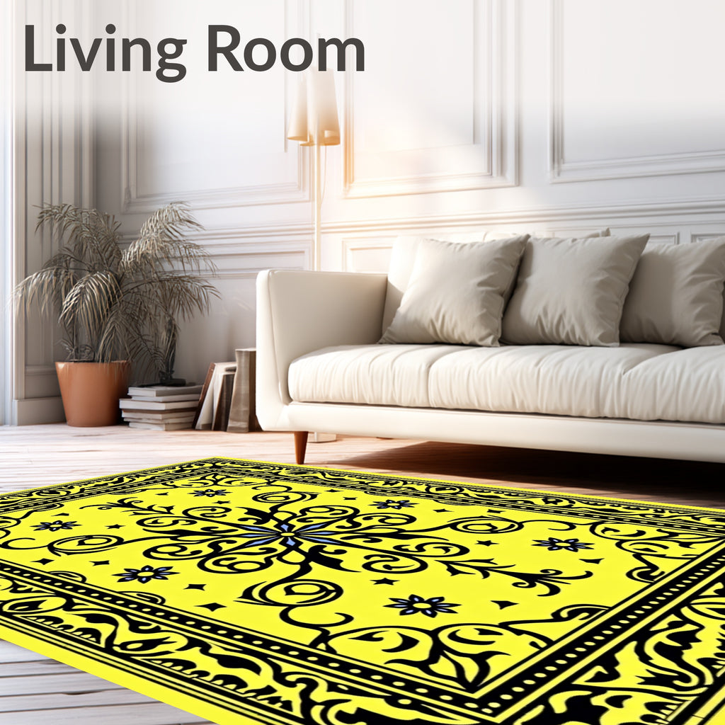 Vibrant Yellow Black Floral Medallion Rug