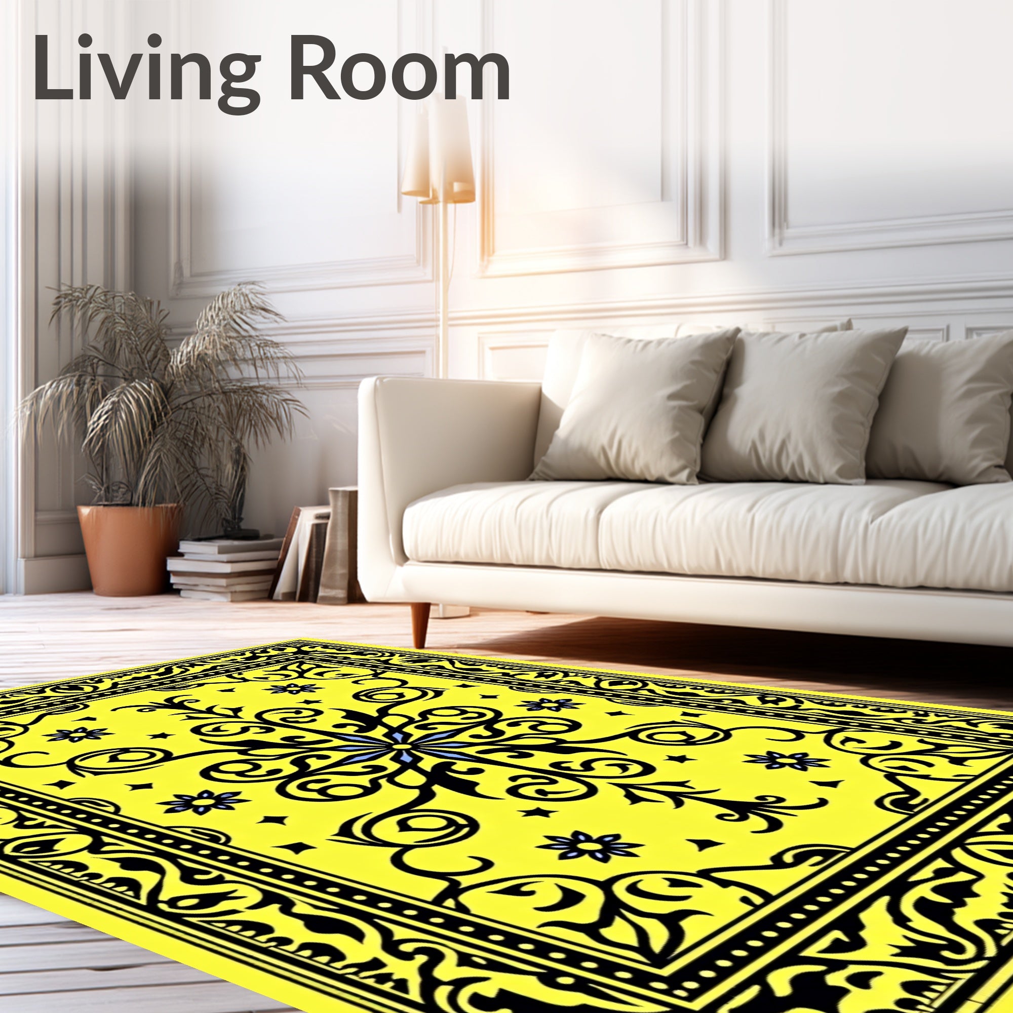 Vibrant Yellow Black Floral Medallion Rug