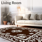Rich Brown Off-White Floral Frame Symmetry Rug