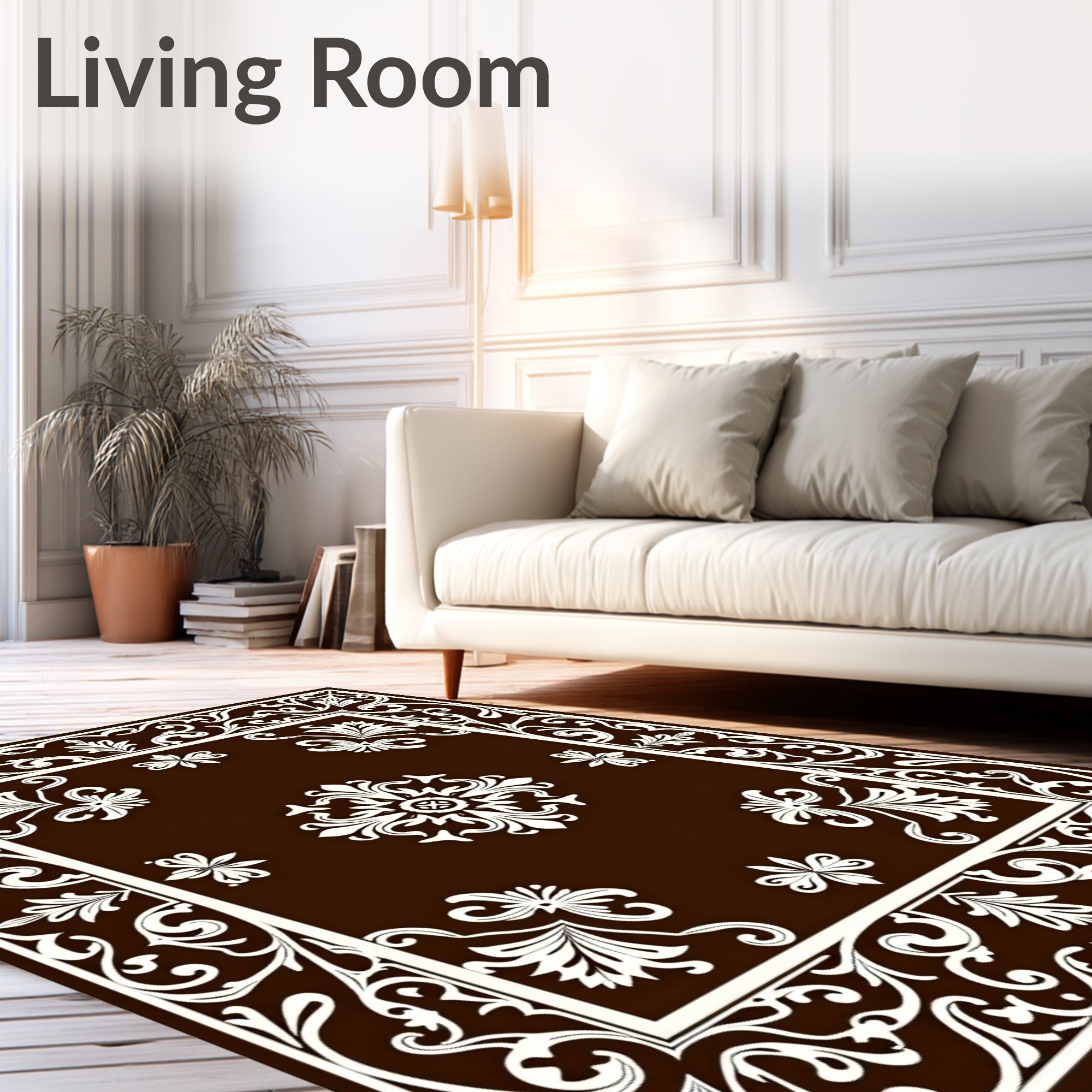 Rich Brown Off-White Floral Frame Symmetry Rug