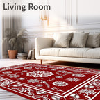 Deep Red White Floral Medallion Border Rug