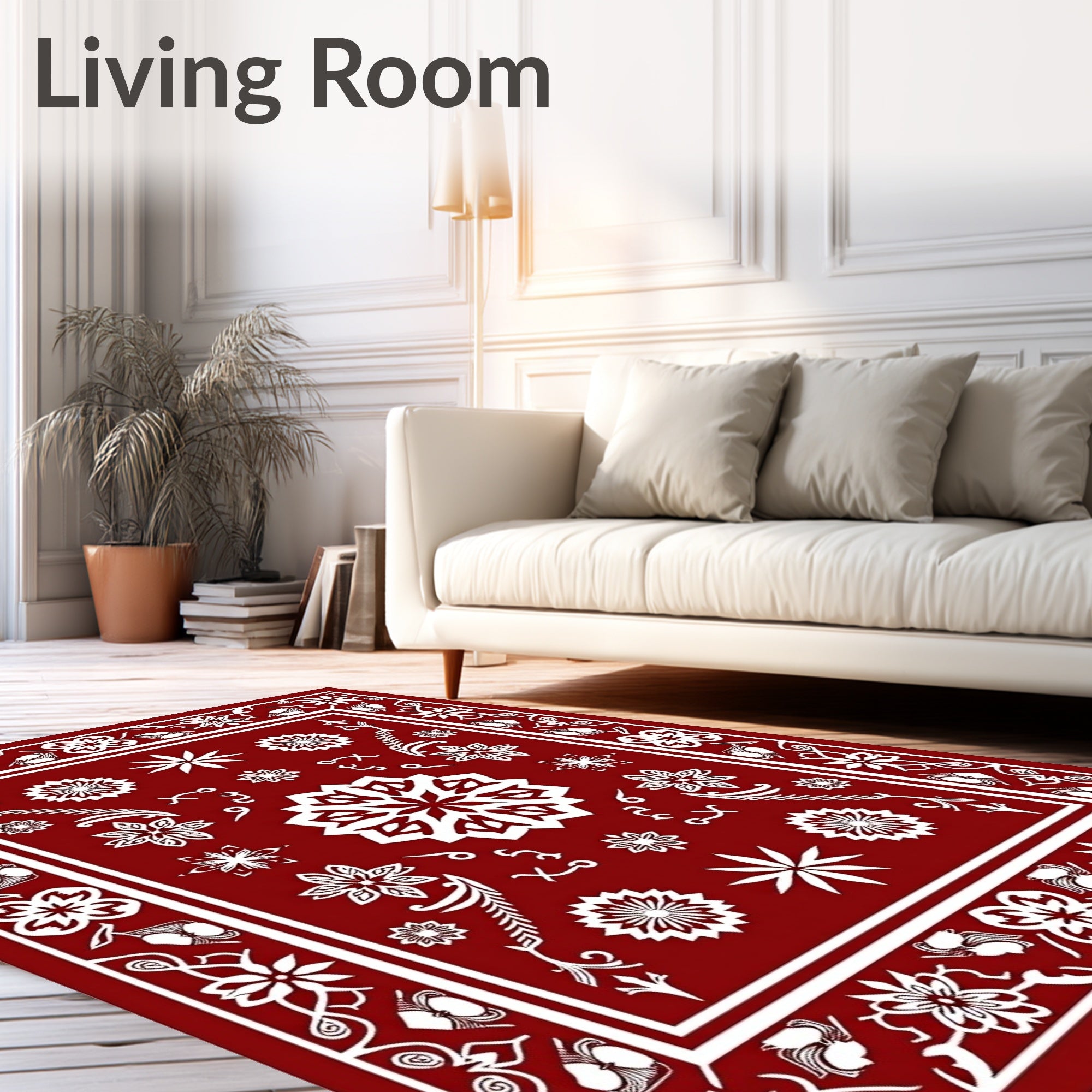 Deep Red White Floral Medallion Border Rug