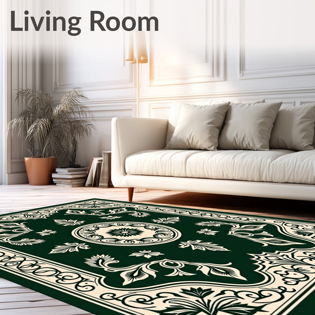 Elegant Dark Emerald Floral Medallion Rug