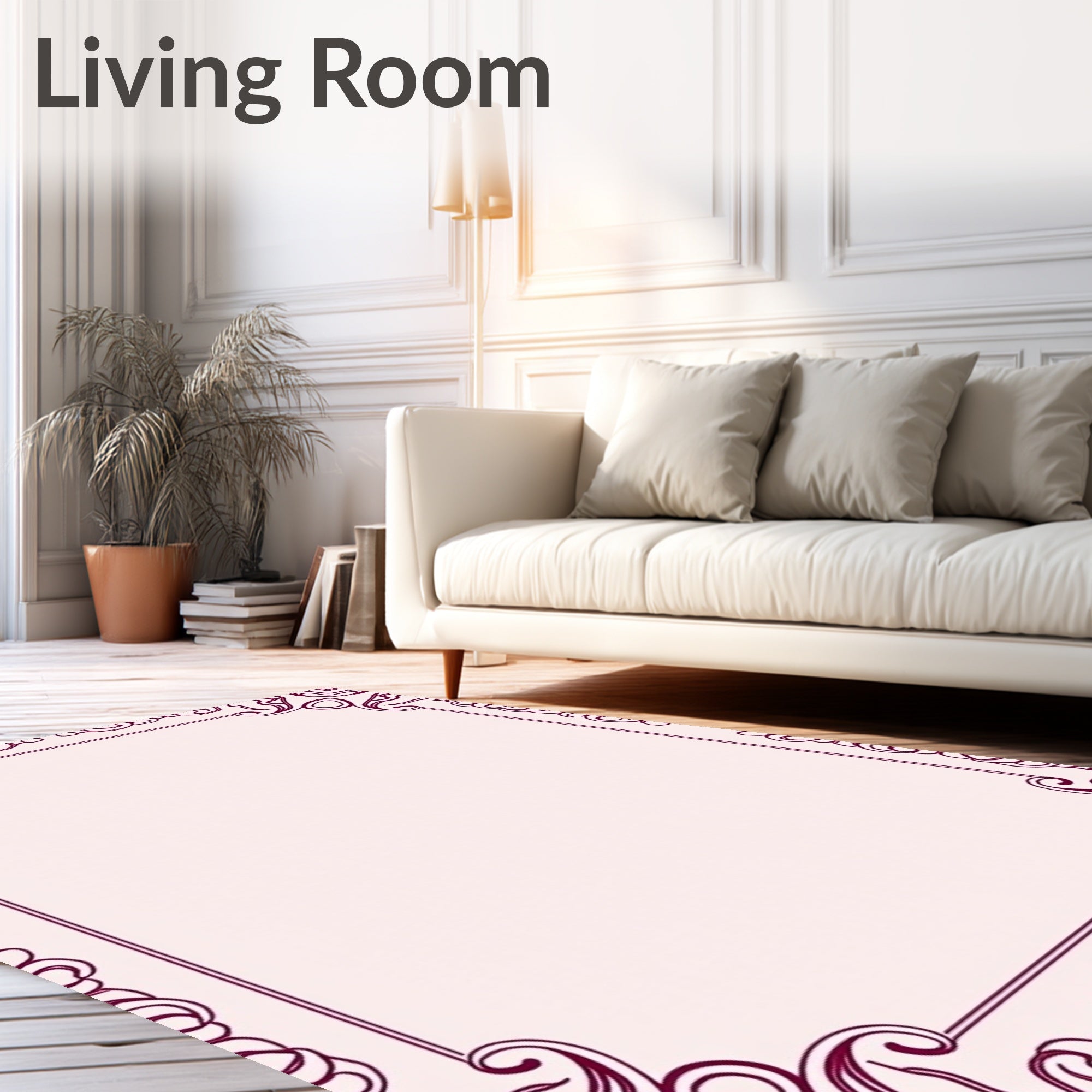 Deep Burgundy Swirl Floral Border Rug