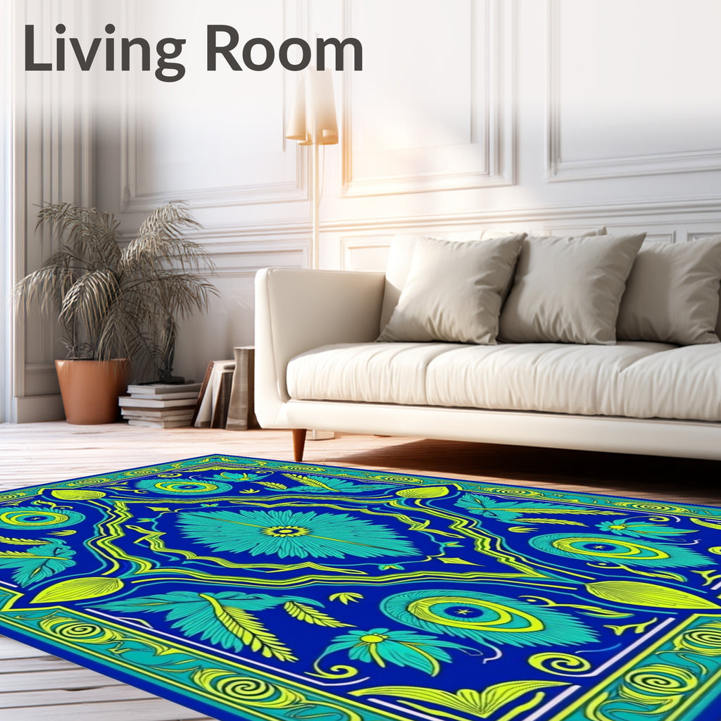 Royal Blue Teal Yellow Floral Medallion Rug