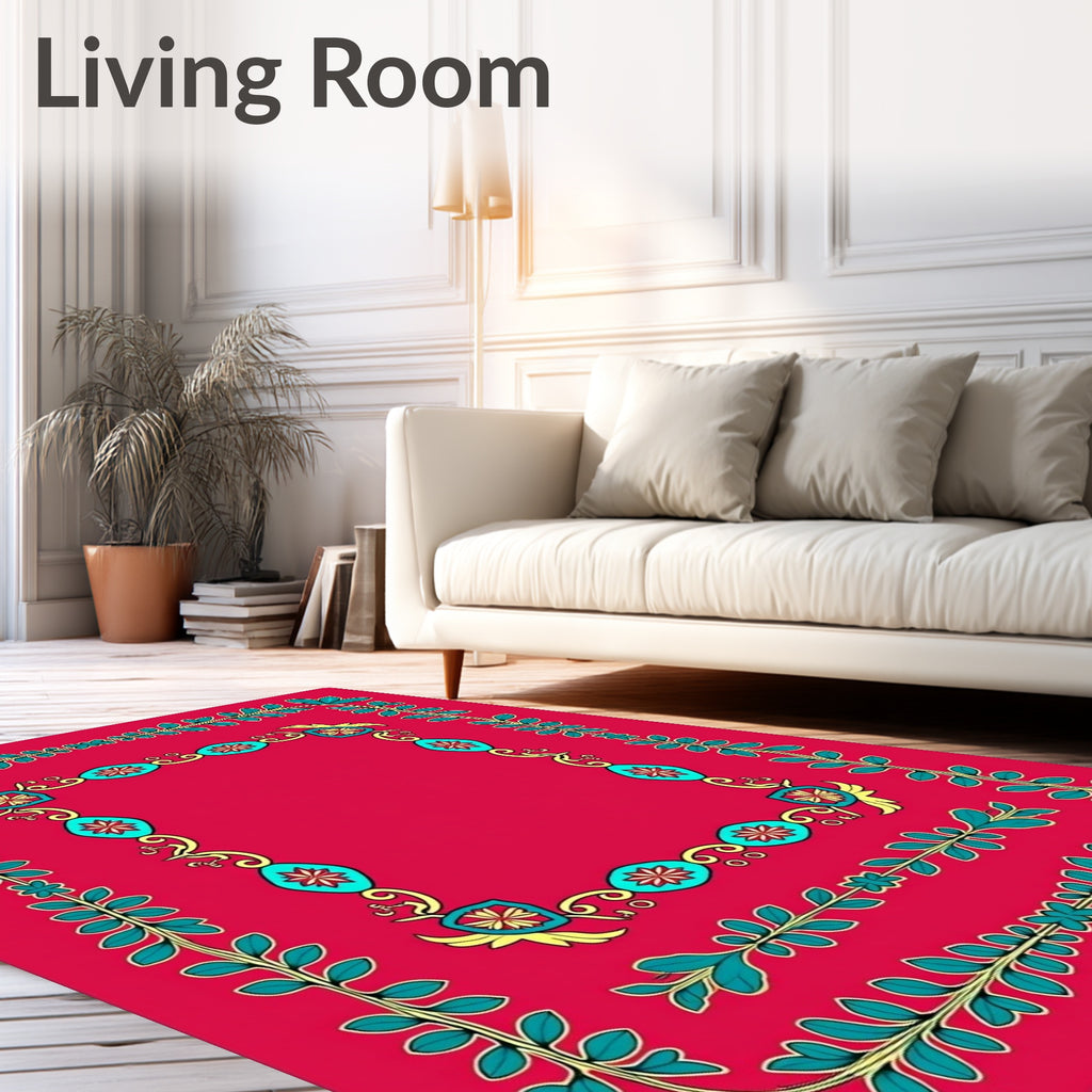 Vibrant Teal Floral Border Red Rug