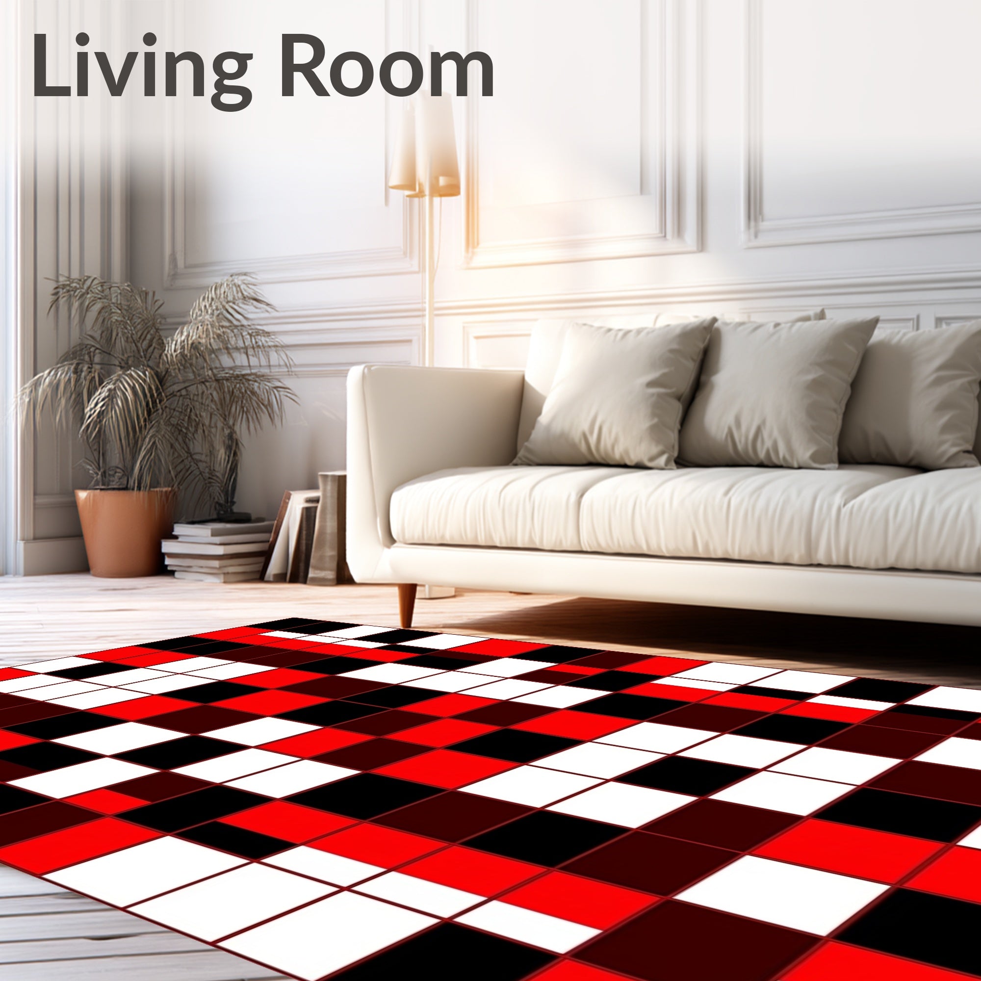 Bold Red Black White Scattered Squares Rug