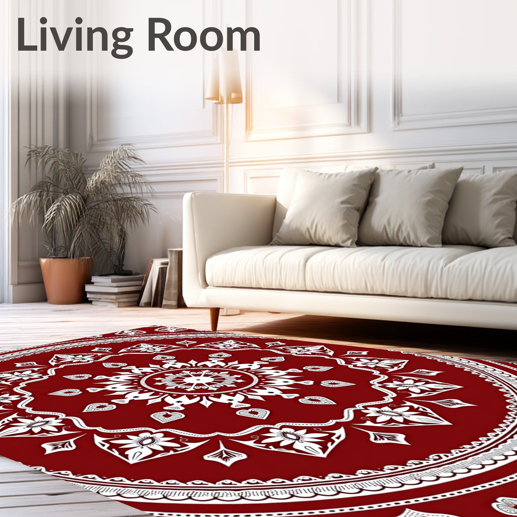 Dazzling Red White Floral Mandala Rug