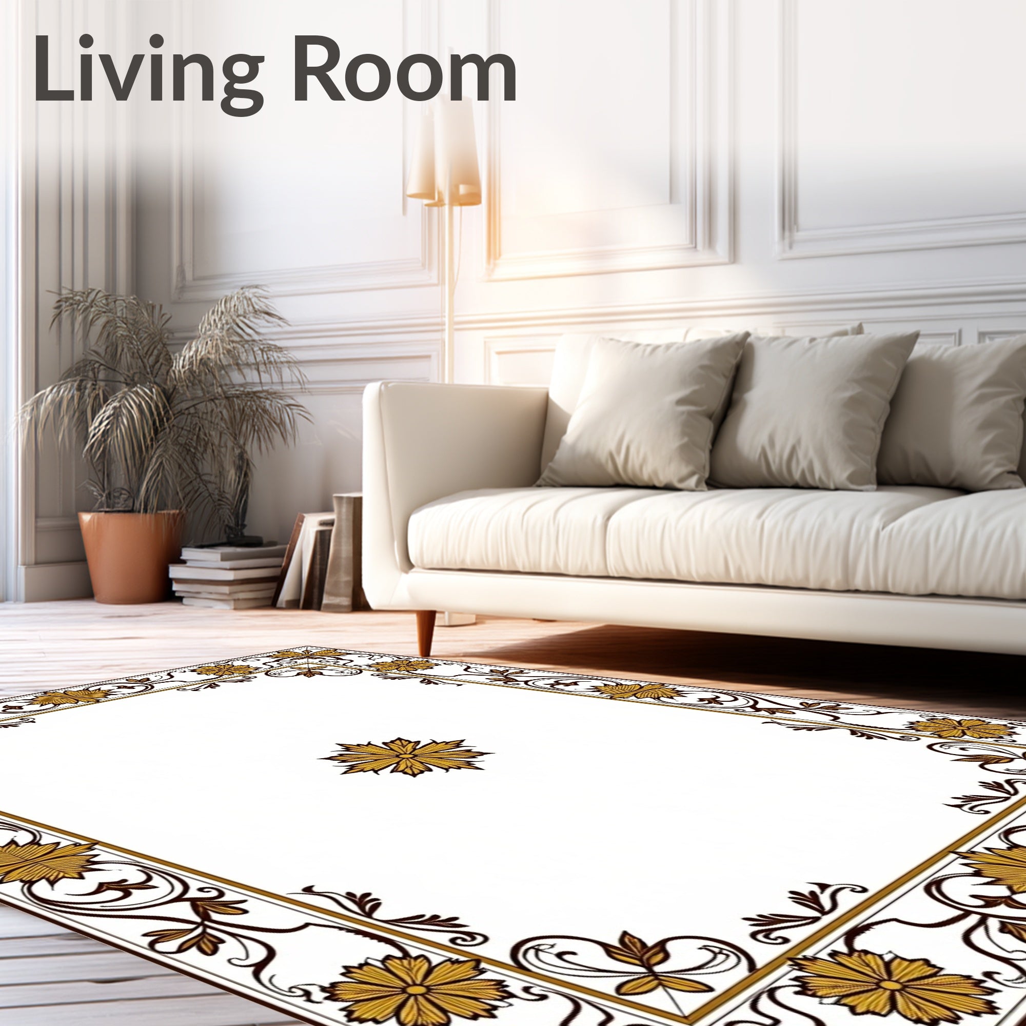 Golden Floral Border Square Accent Rug