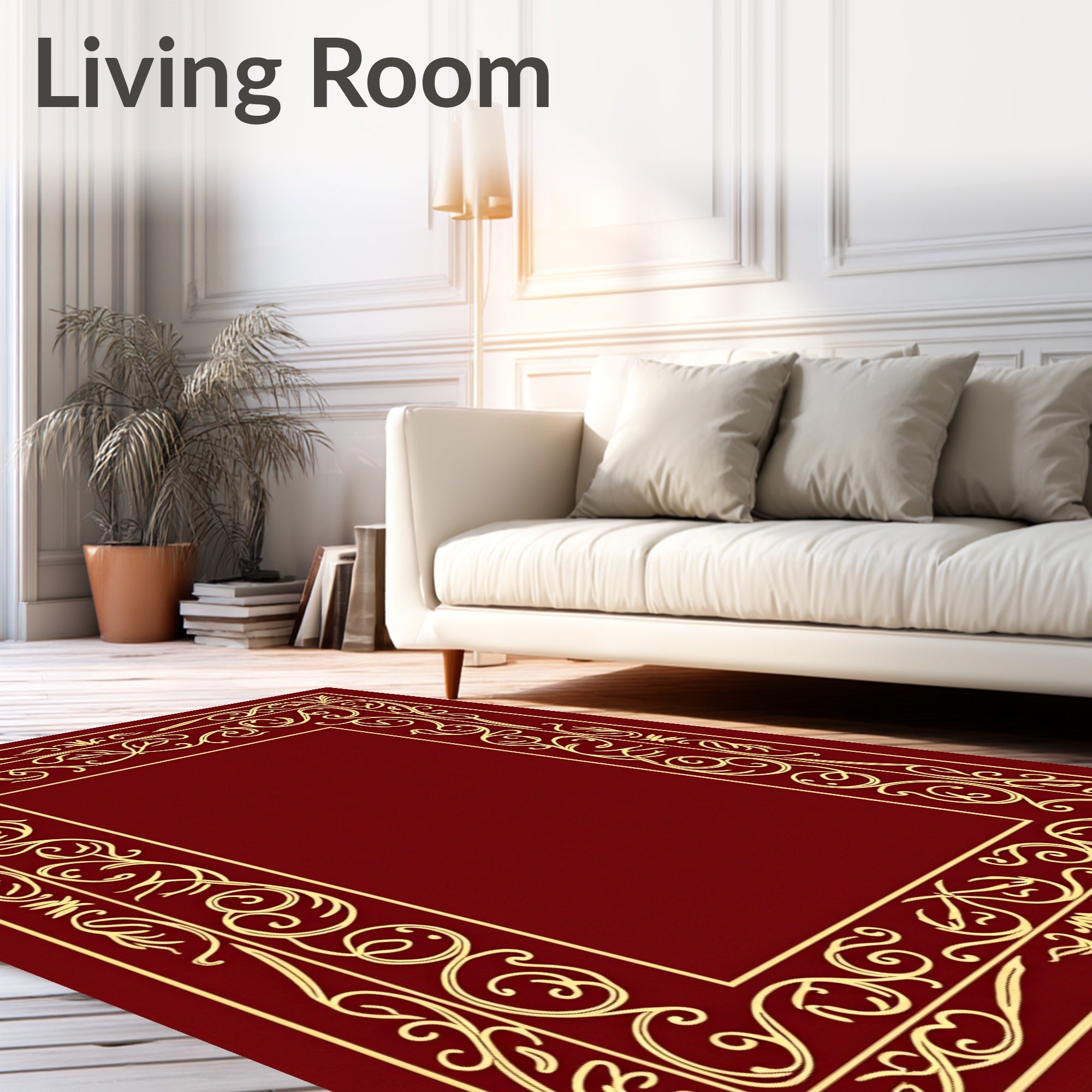 Ornate Gold Crimson Scroll Border Rug