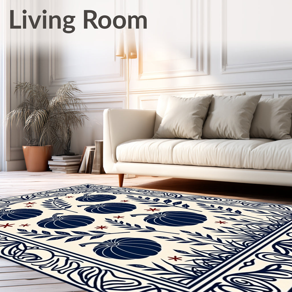 Navy Pumpkin Floral Border Cream Rug