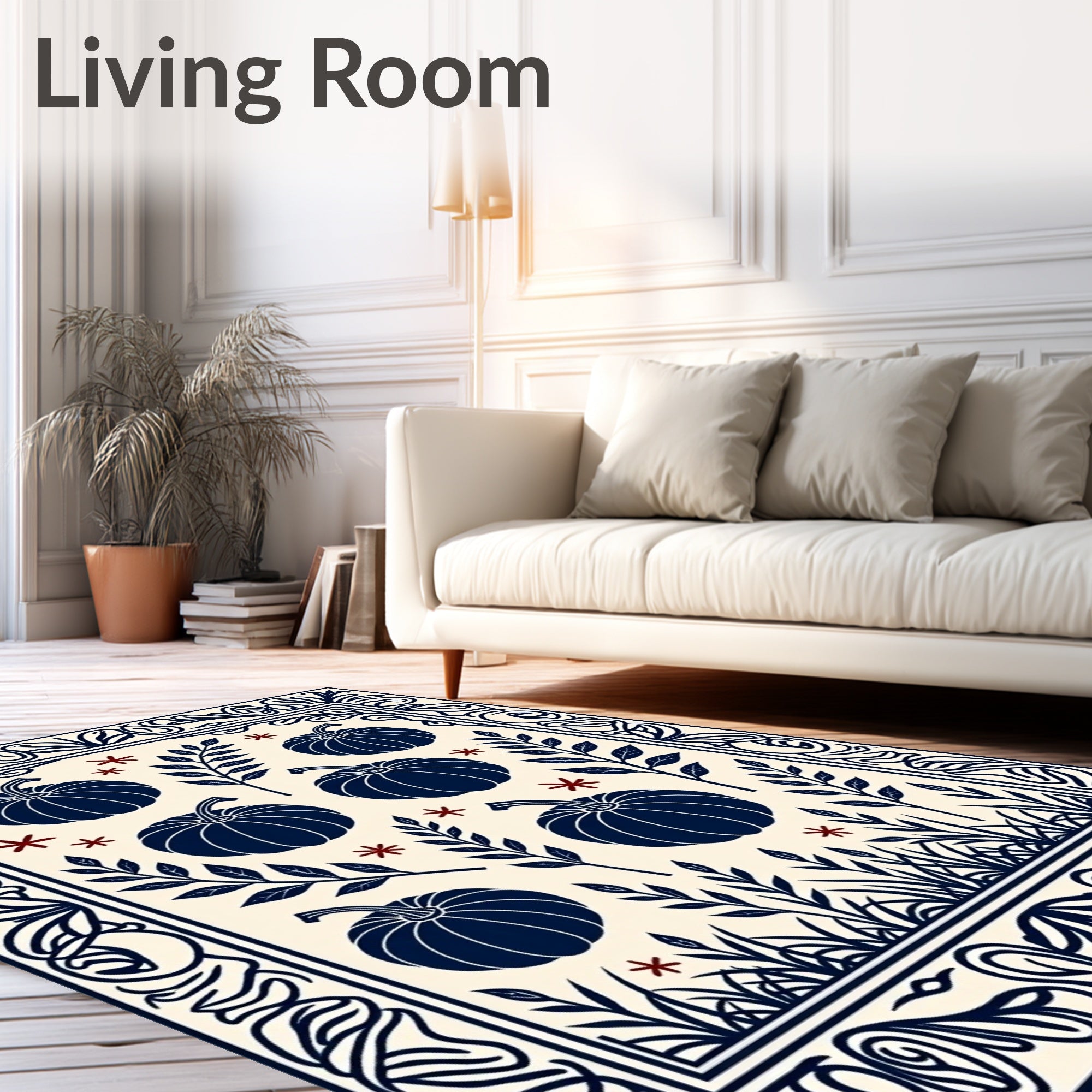 Navy Pumpkin Floral Border Cream Rug