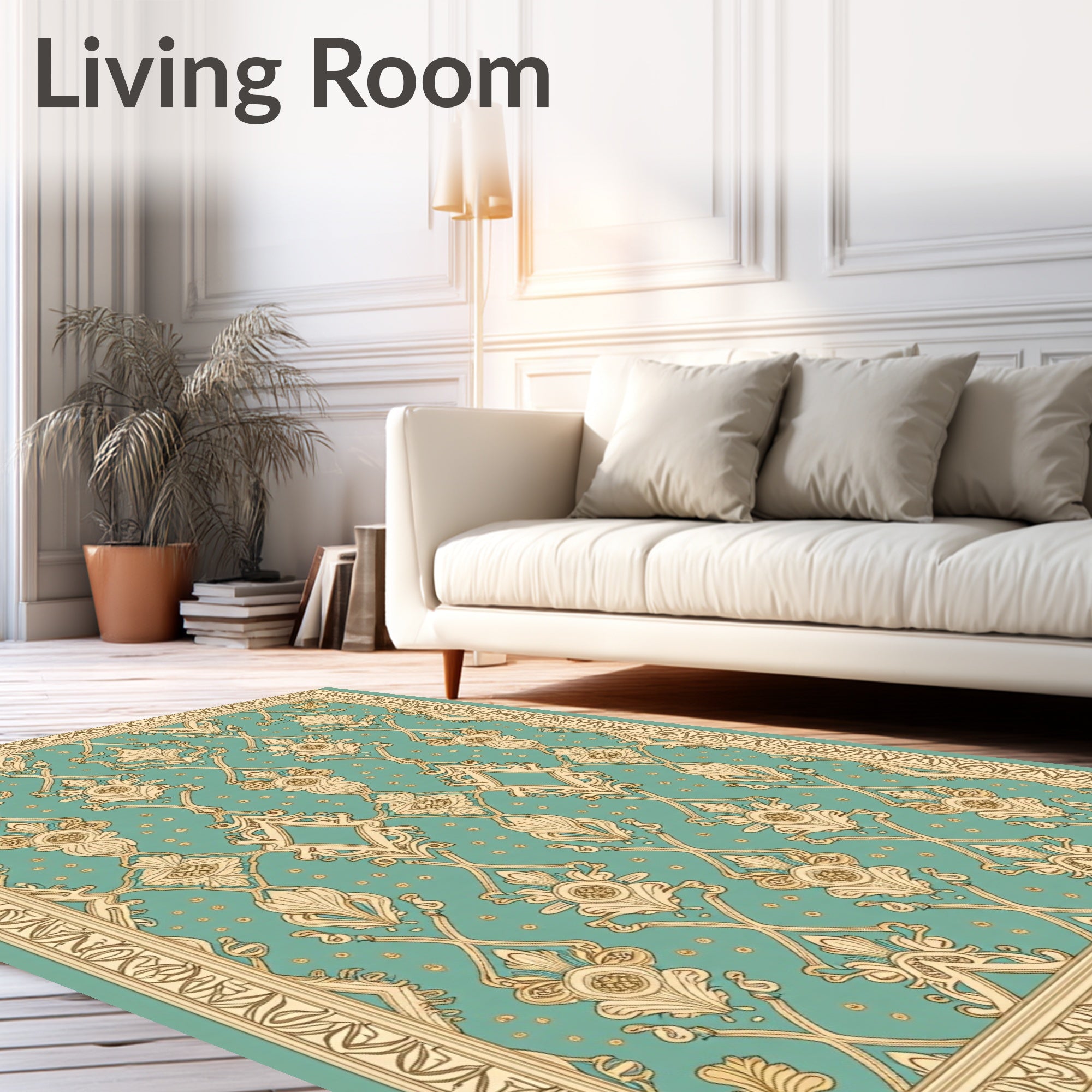 Vintage Teal Floral Scroll Border Rug
