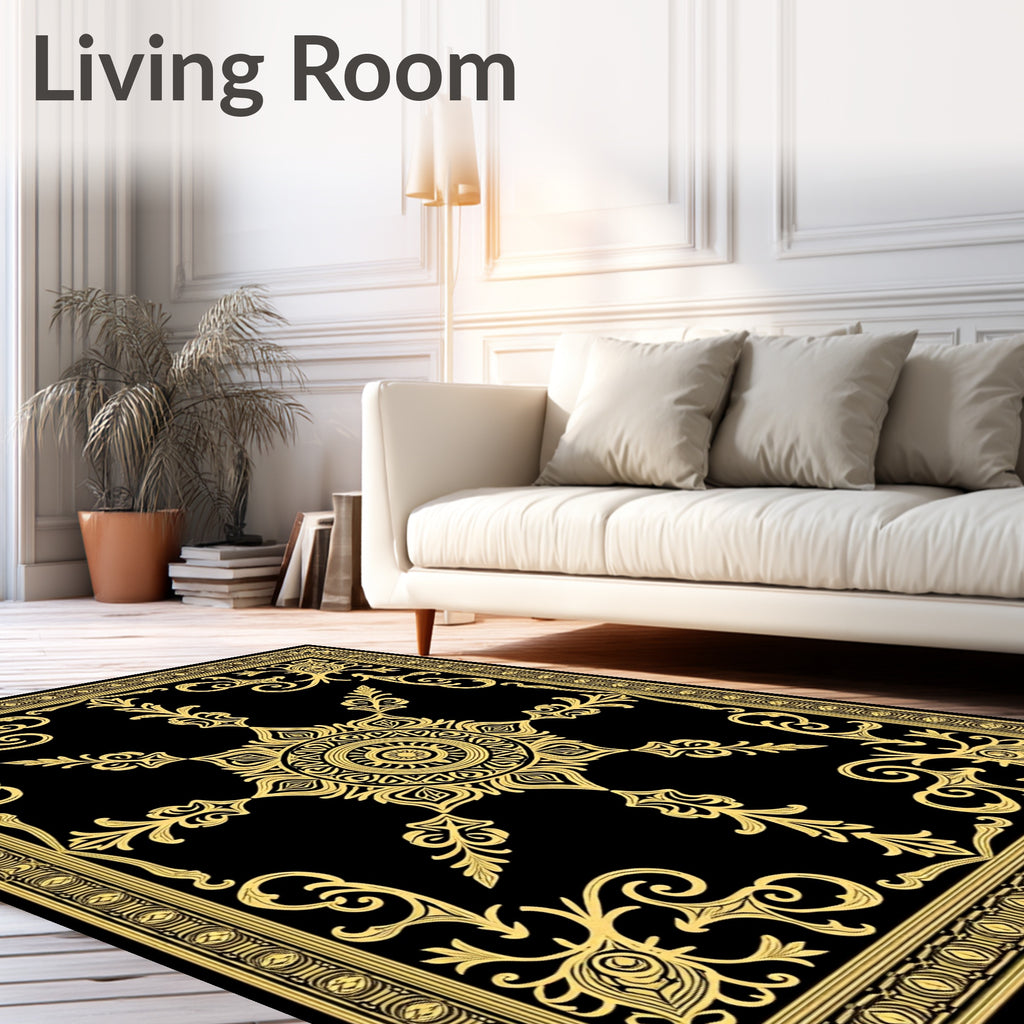 Golden Mandala Medallion Black Rug