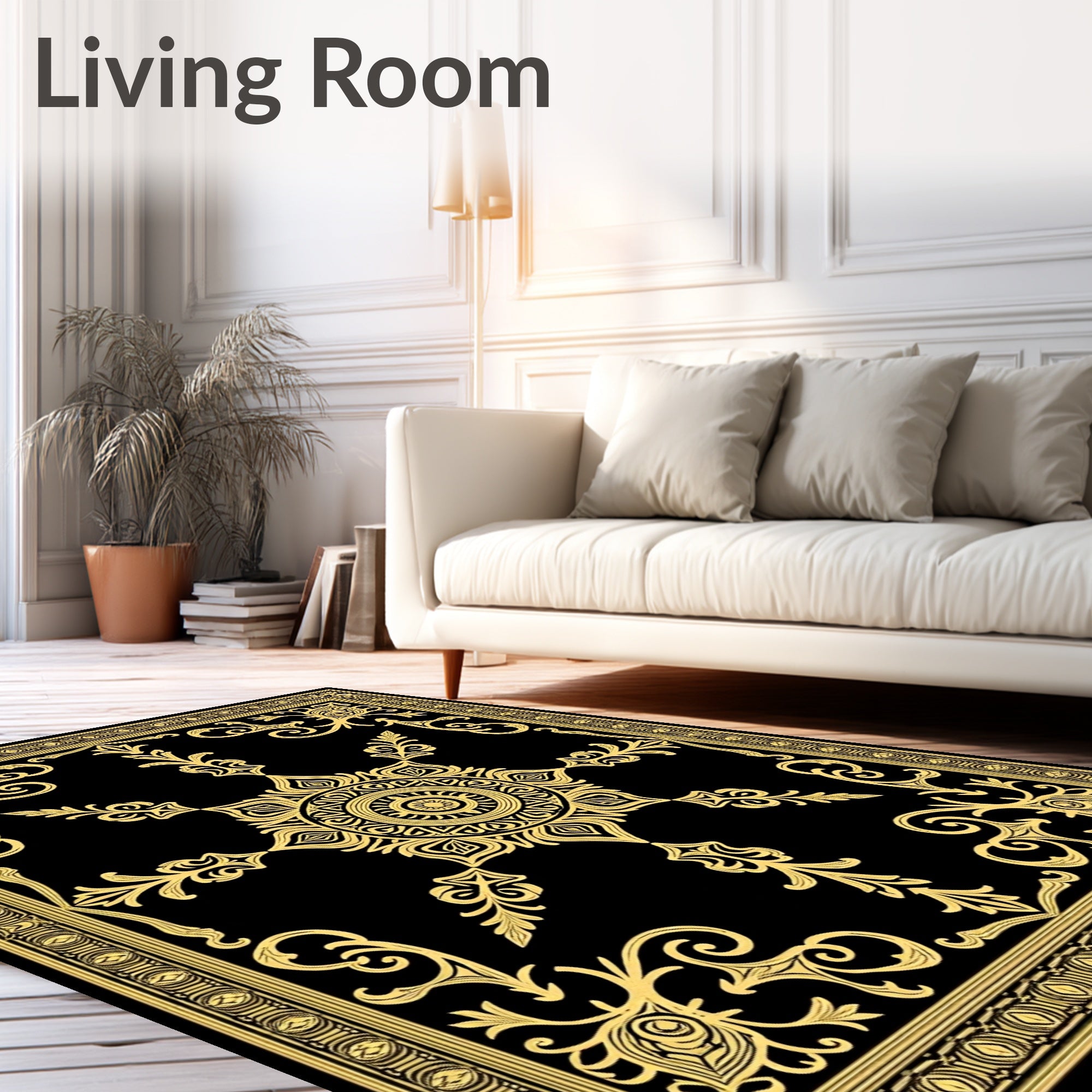 Golden Mandala Medallion Black Rug