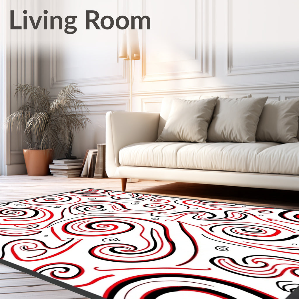 Bold Red Black Swirl Line Art Rug