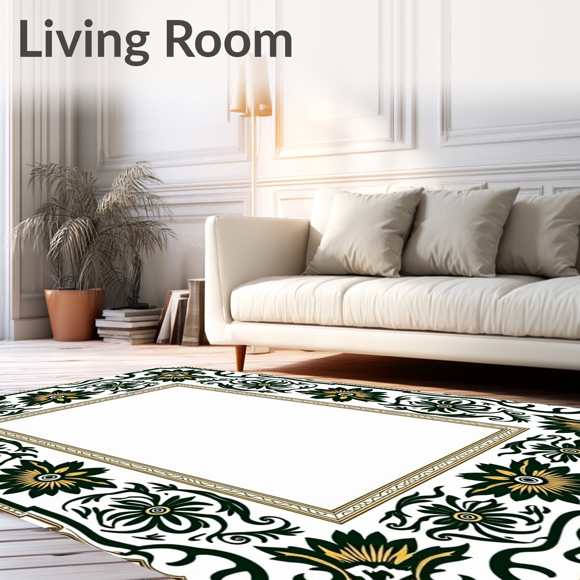 Dark Green Golden Floral Border Rug