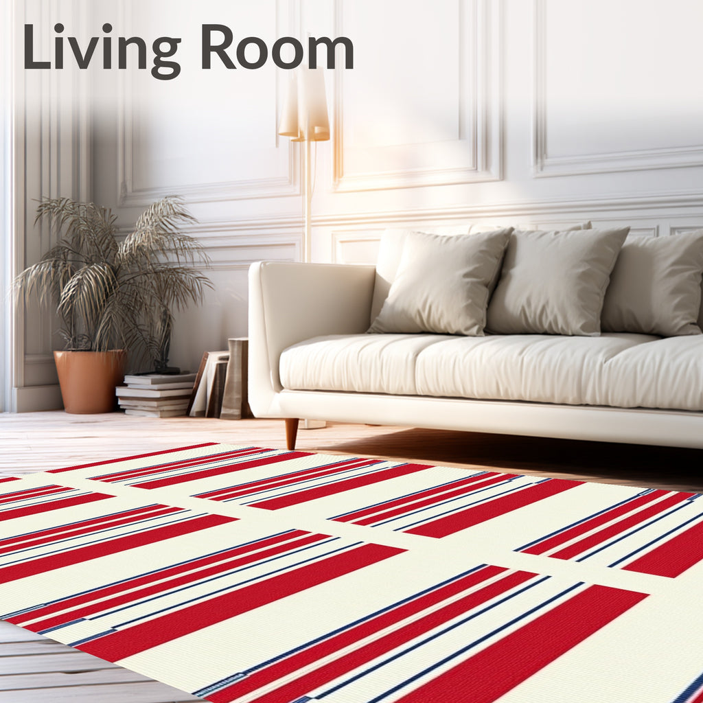 Cream Red Blue Linear Stripe Rectangles Rug
