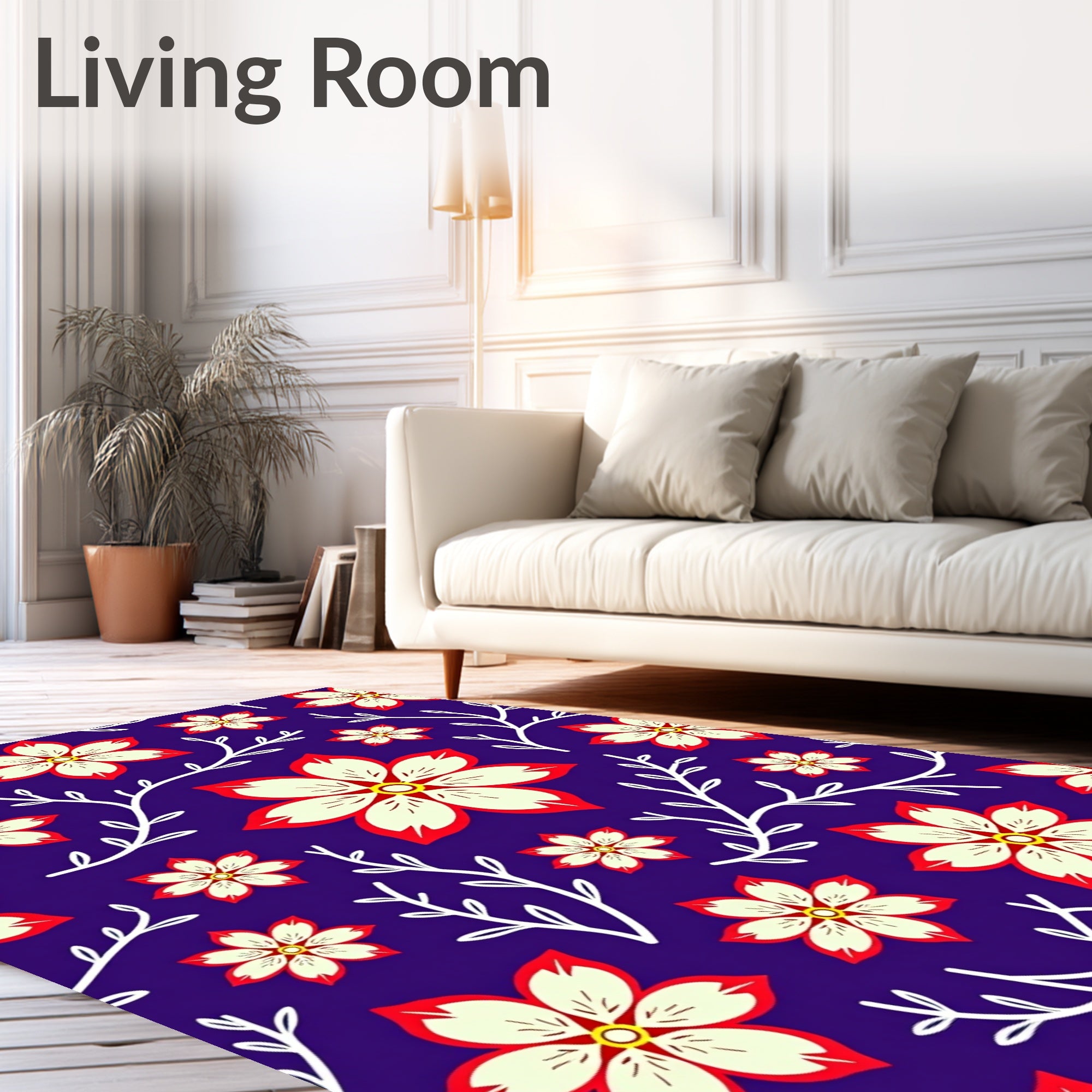 Crimson White Floral Vines Deep Blue Rug
