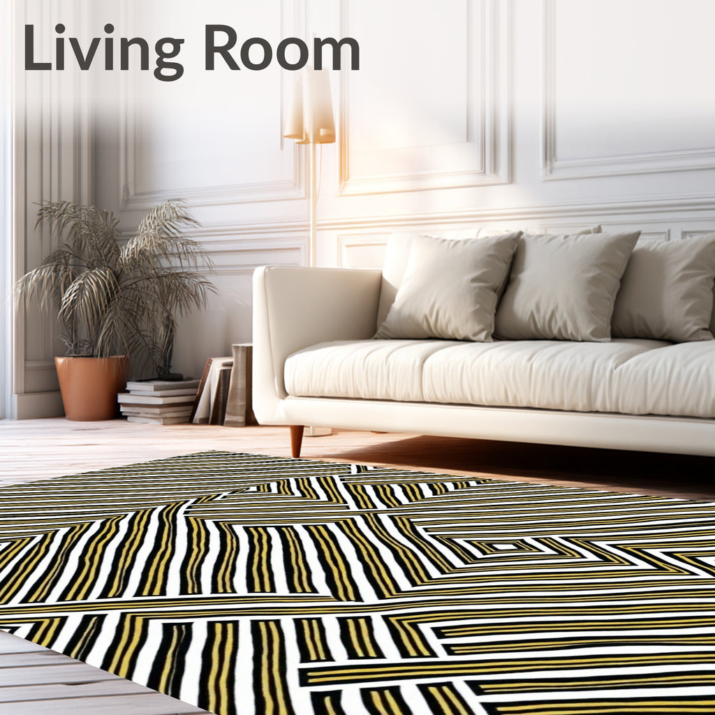 Striped Gold Geometric Labyrinth Rug