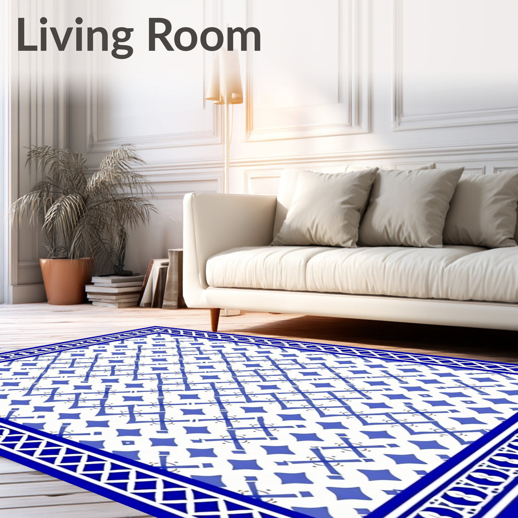 Classic Blue White Geometric Border Rug