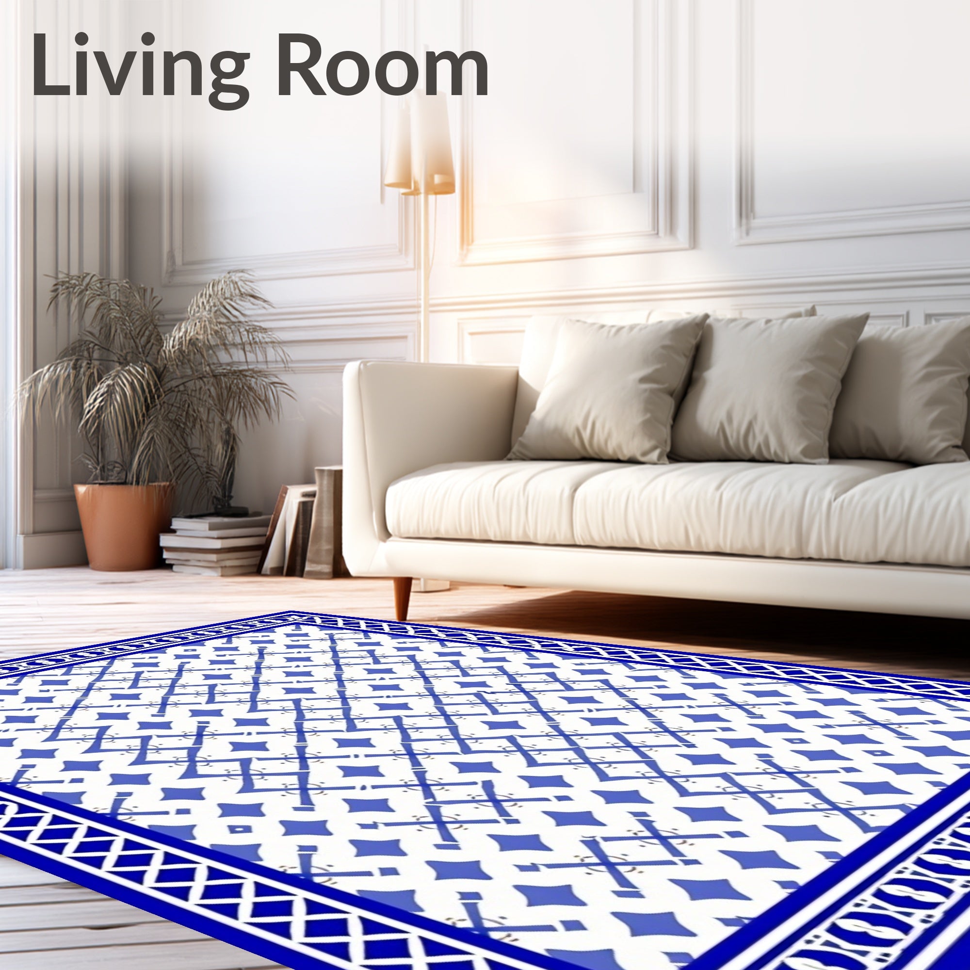 Classic Blue White Geometric Border Rug
