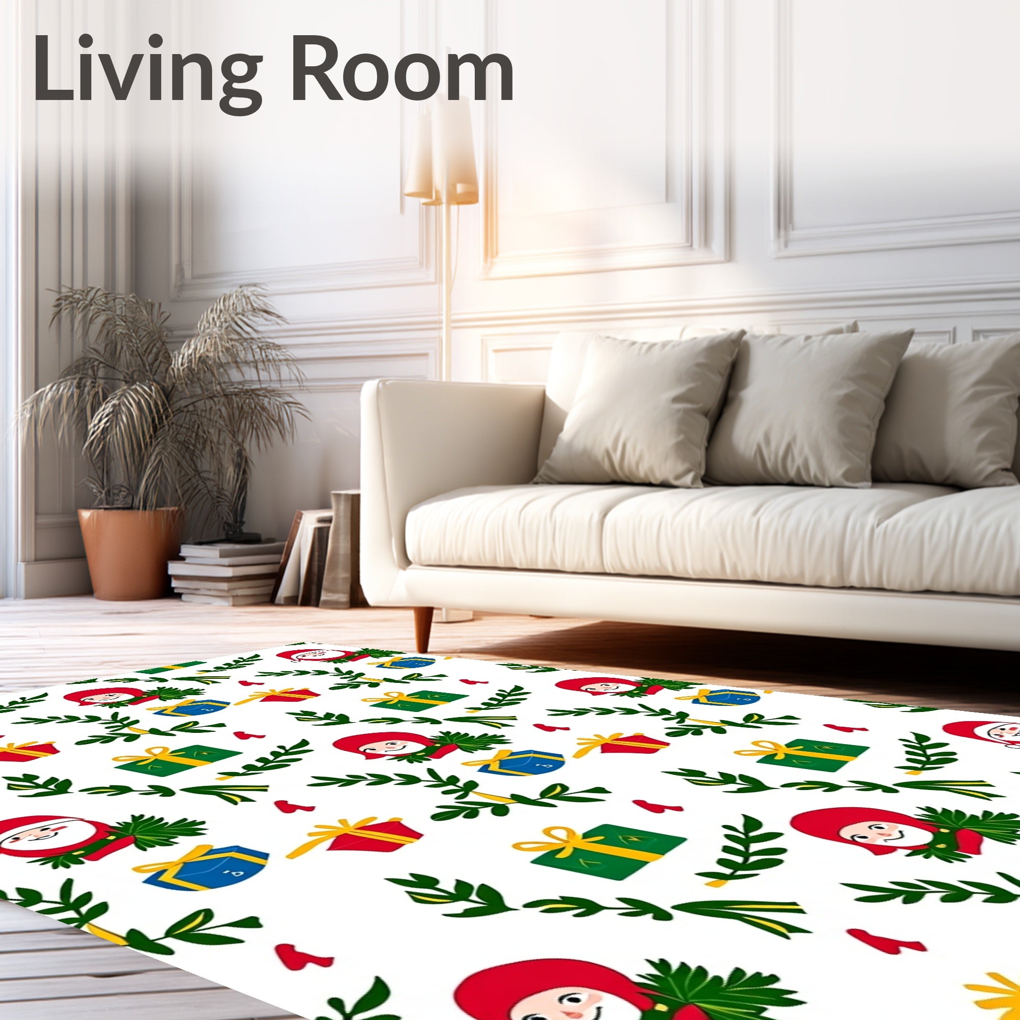 Festive Christmas Characters Greenery Gift Boxes Rug