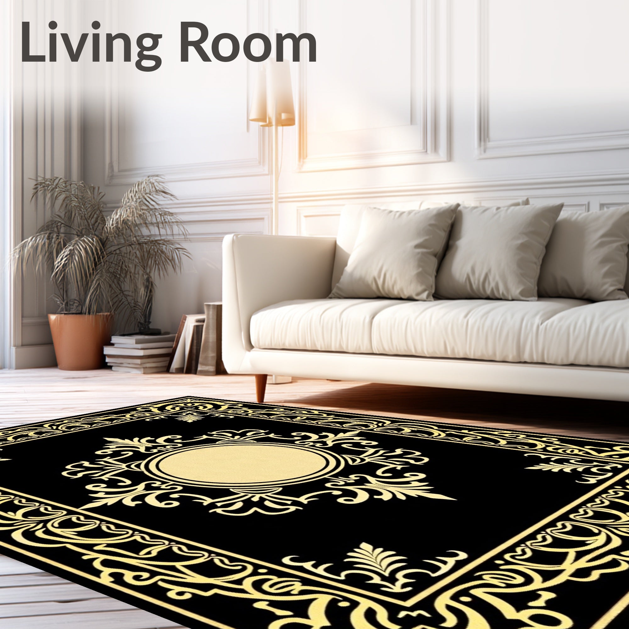 Ornate Gold Geometric Centerpiece Black Rug