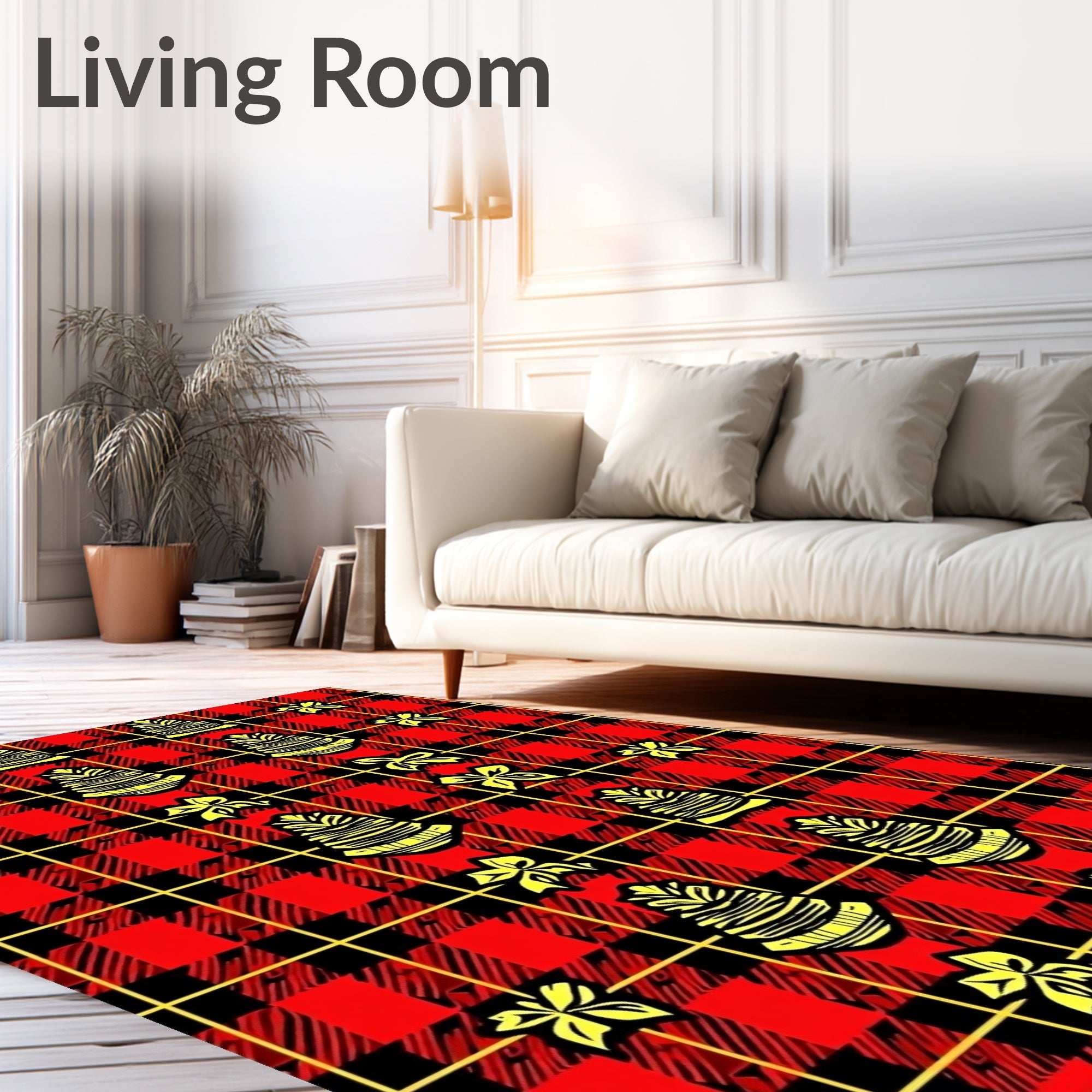 Red Black Plaid Yellow Floral Elements Rug