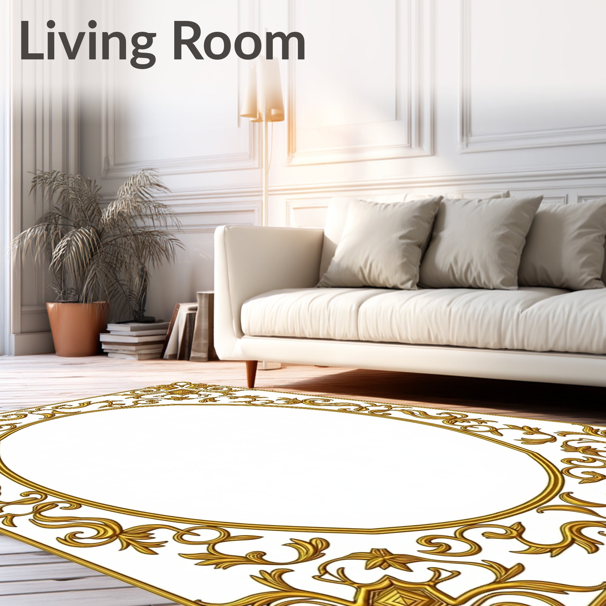 Ornate Golden Scroll Oval Frame Rug