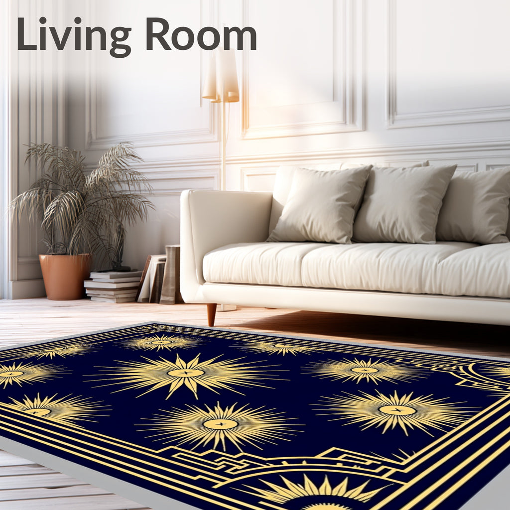 Radiant Sunburst Navy Gold Frame Rug