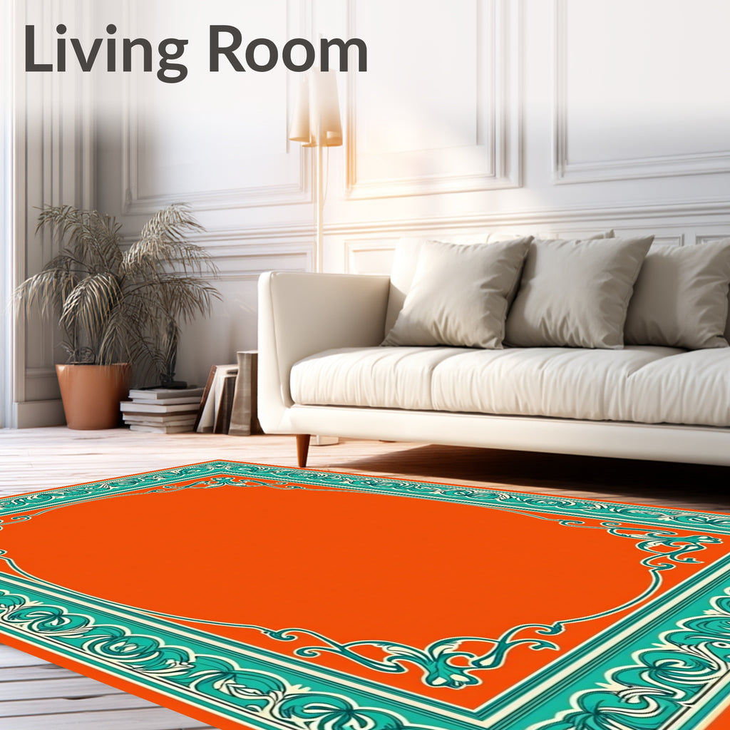Vibrant Teal Orange Ornate Border Rug
