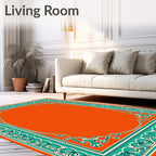 Vibrant Teal Orange Ornate Border Rug